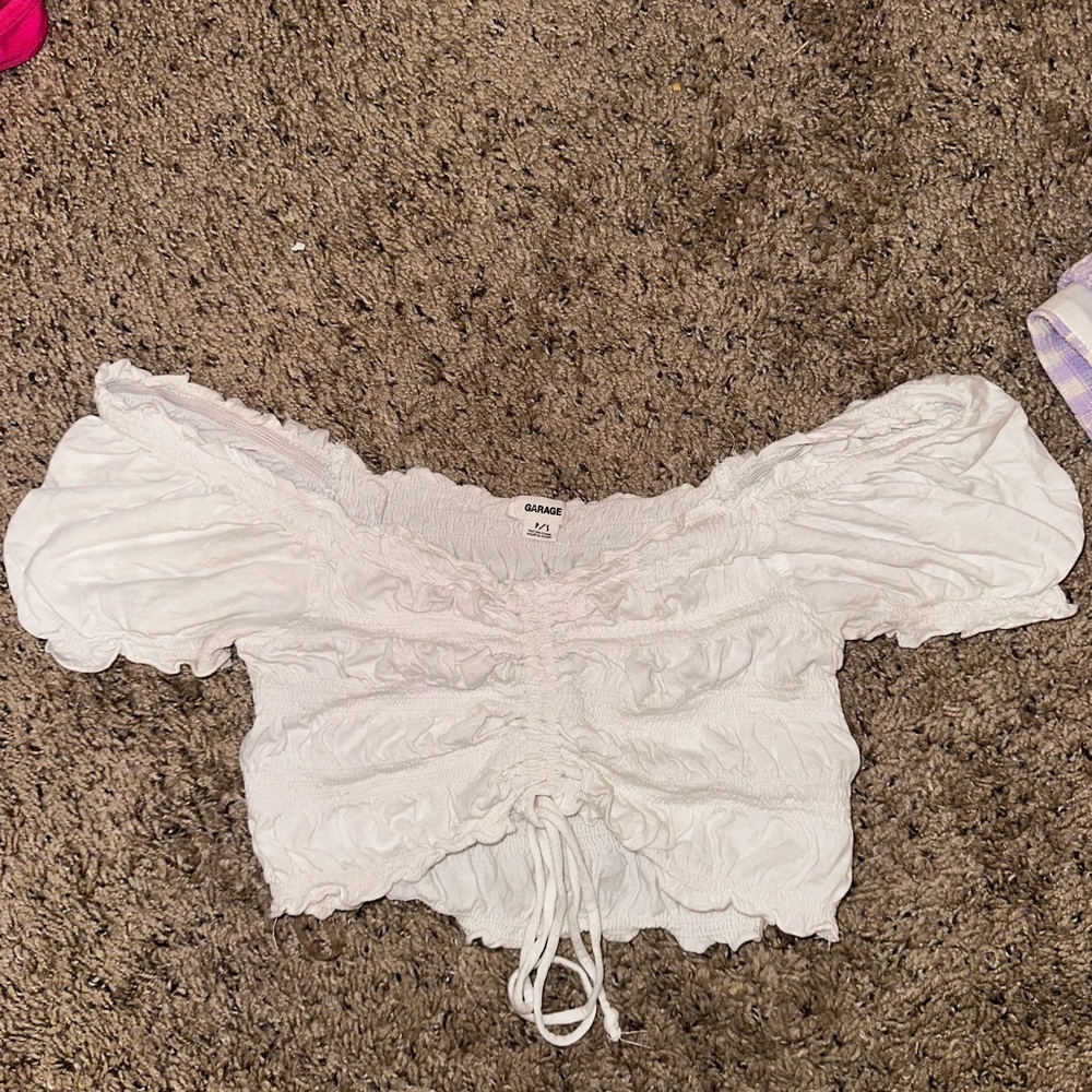 Garage White Puff Sleeve Ruched Crop Blouse